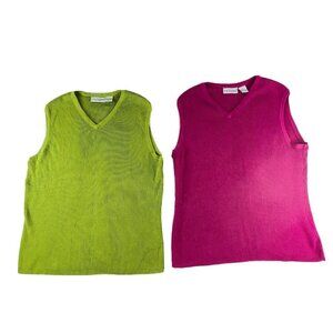 VTG Y2K Kim Rogers Sport Sweater Lot Womens L‎ Green Pink Ribbed Preppy Academia